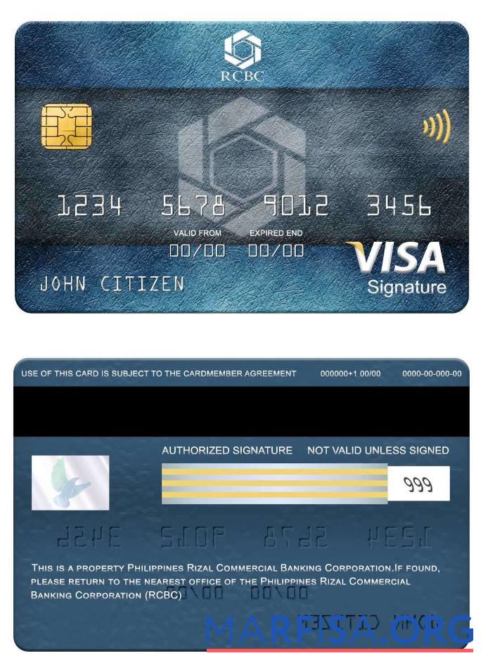 Realistic Philippines Rizal Commercial Banking Corporation (RCBC) visa signature card real example